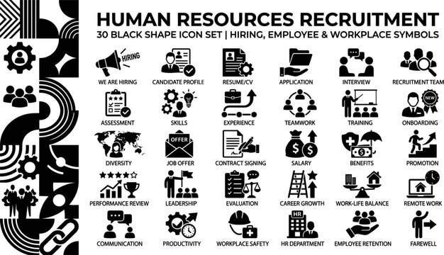 Hiring Process Icon Bundle &ndash; 30 Black HR Symbols for Business & Startup