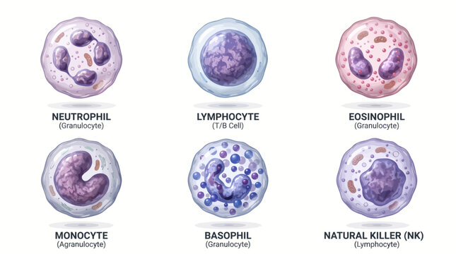 Immune system cells illustration including Neutrophil, Lymphocyte, Eosinophil, Monocyte, Basophil, and Natural Killer cell types