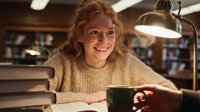Caucasian woman studying in library receives hot mug from man. Student taking break with coffee, interacting with peer amidst books. Academic learning, education