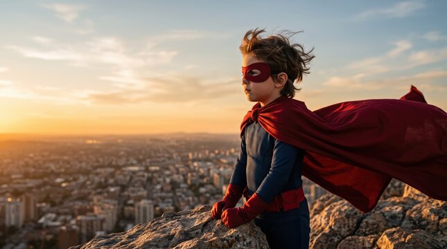Young boy in superhero costume standing on rocky cliff overlooking city skyline at sunset with cape blowing in wind, confident heroic pose