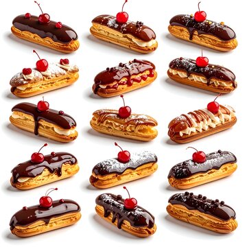 Assorted Chocolate Eclairs with Cherries on White Background.