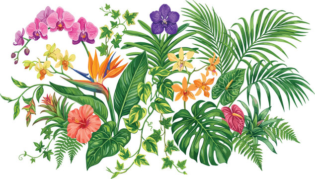 Tropical Floral Arrangement Vector with Exotic Orchid Flowers Hibiscus Bird of Paradise Monstera Palm Leaves and Ivy Vines for Elegant Designs