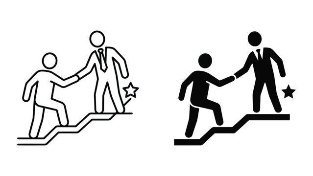 Business success icon set featuring leader helping colleague climbing stairs
