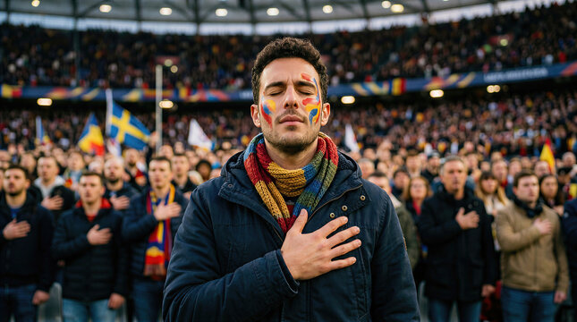 Emotional Caucasian man in his 20s with face paint placing hand on heart during national anthem in a packed stadium. Respectful football fan before a match.