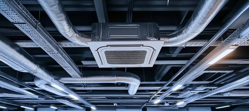Industrial Ceiling Infrastructure with Silver Ductwork and Air Conditioning Ventilation Unit Design
