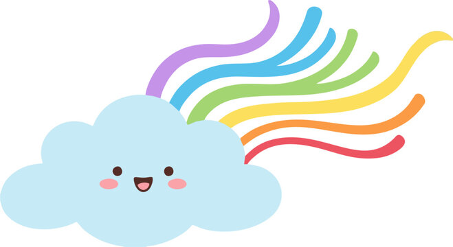 Cute Kawaii Cloud with Colorful Rainbow Flowing, Happy Smiling Cloud Character Illustration for Kids