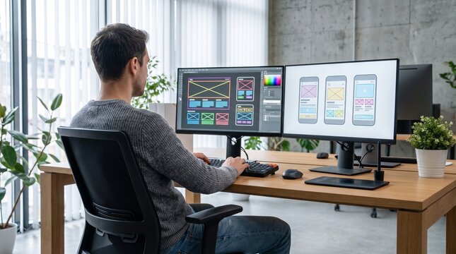 Back view of a professional UIUX designer working at a clean modern workstation with dual monitors displaying colorful website wireframes