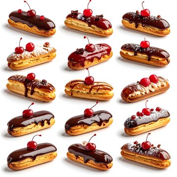 Assorted Chocolate Eclairs with Cherries on White Background.