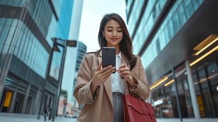 Fototapeta premium Asian Businesswoman Using Mobile Phone Device Standing Next To Modern City Office Architecture.