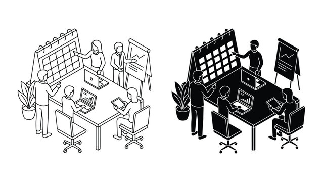 Business team planning meeting and calendar management isometric icons