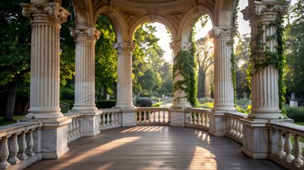 Obraz premium Elegant marble gazebo with columns and ivy in a lush sunny park