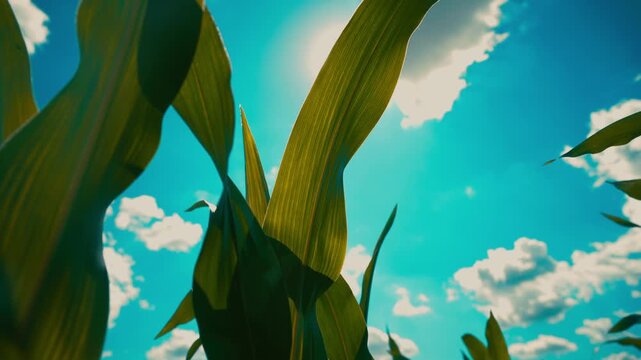 Sunlight beaming through lush green corn crop leaves in cultivated field, 4K