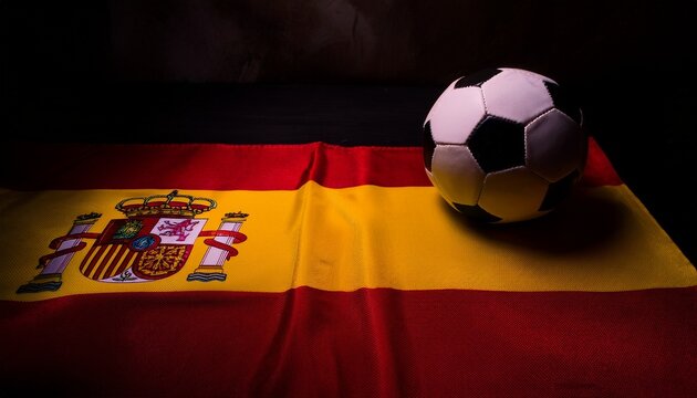 soccer ball placing on spain flag in dark room; free space for text