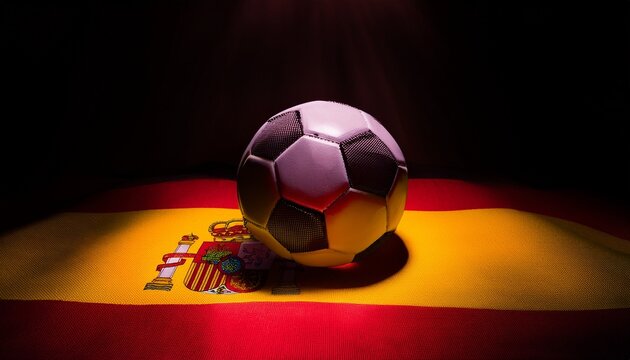 soccer ball placing on spain flag in dark room