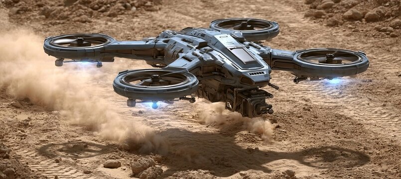 Unmanned Military Drone Landing on Dusty Terrain for Automated Reconnaissance Missions