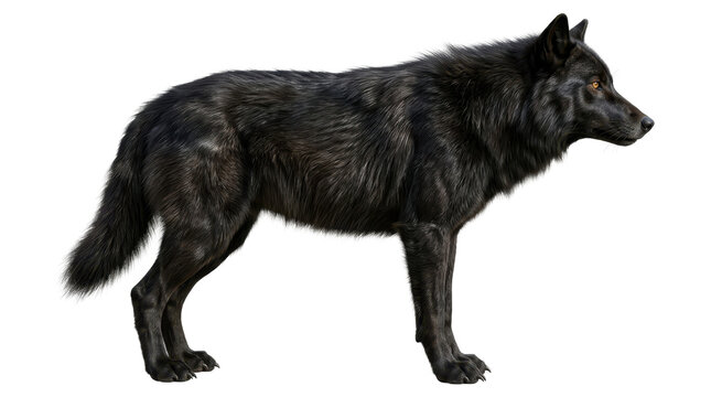 A black wolf stands alert in profile against a white background