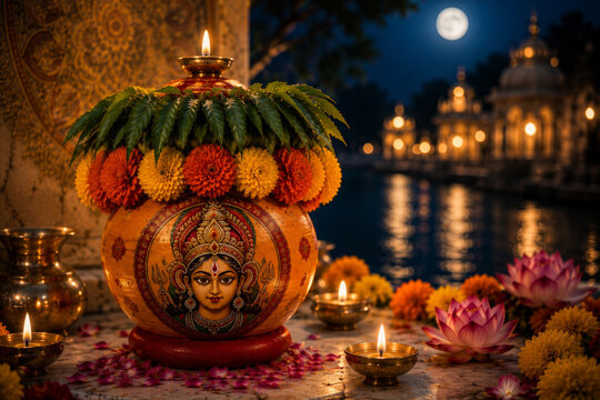 Earthen bonam pot featuring a goddess mahakali painting, decorated with neem leaves and marigold flowers for the bonalu festival, surrounded by lit diyas and pink lotus flowers by the temple at night.