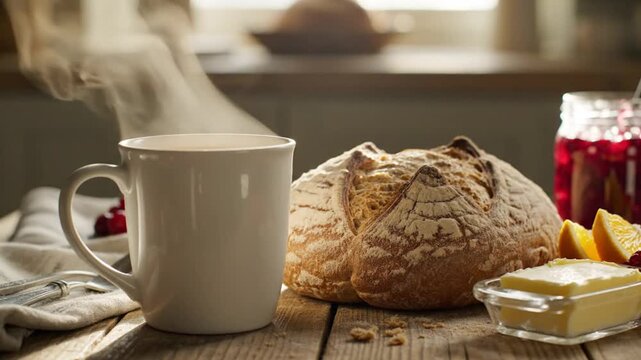 Steaming white mug and rustic bread on wooden table.