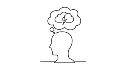 Head silhouette with lightning bolt in thought bubble, symbolizing creative ideas or problem © Four