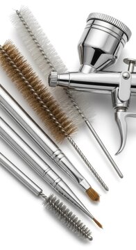 Airbrush equipment with various cleaning and wire brushes.