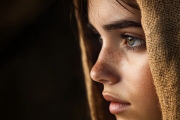 Fototapeta premium Mary Magdalene gazes thoughtfully towards an unseen landscape. The light highlights her features and creates a captivating atmosphere in the scene