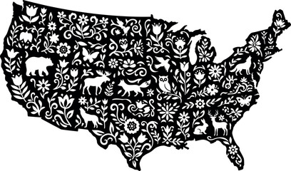 Fototapeta premium Black and white floral folk art map of United States