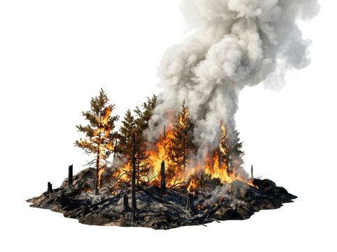 Intense forest fire engulfs pine trees with billowing smoke and bright orange flames against a white background, conveying destruction and danger.
