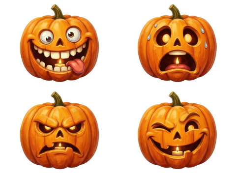 Four carved halloween pumpkins with glowing candles inside display distinct comical and spooky facial expressions on a white background.