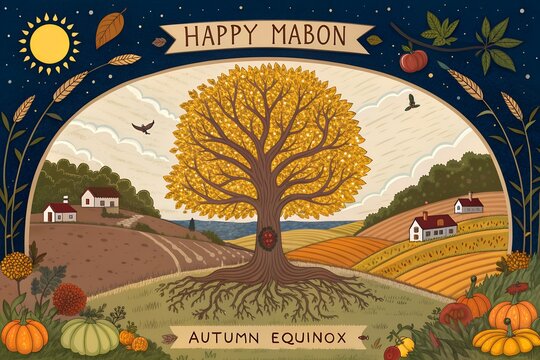 Vibrant artistic illustration depicting the happy mabon autumn equinox celebration featuring a large golden tree with deep roots surrounded by harvest pumpkins and wheat fields under a starry night sk
