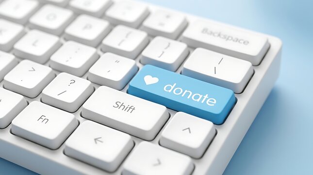 Pressing a blue donate button on a white computer keyboard in a bright office