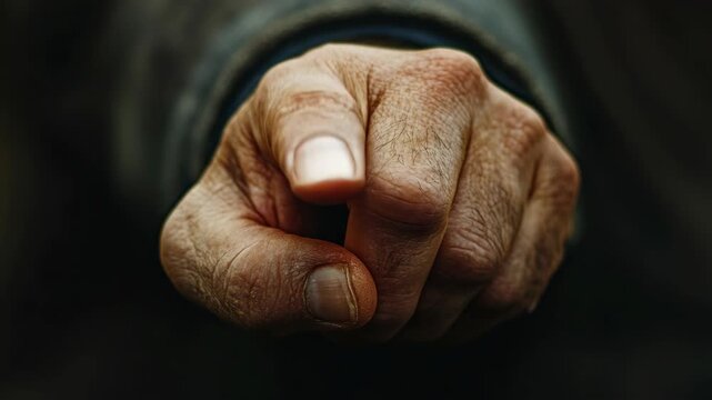Close-up of an elderly person's hand making a stern finger pointing gesture.