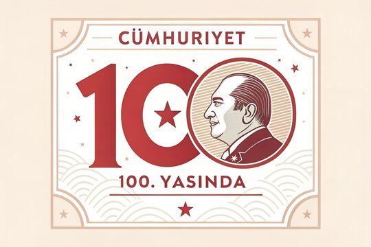Detailed graphic design celebrating the one hundredth anniversary of the turkish republic featuring a vintage portrait of mustafa kemal ataturk with red typography and stars on a cream background