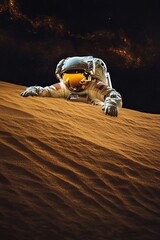 Fototapeta premium Astonished Astronaut Exploring Red Sand Dunes Landscape Surface of Distant Exoplanet Mars Research