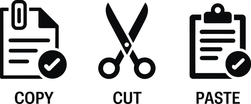 Copy, cut and paste icon set with minimalist document scissors and clipboard editing tools, black office interface vector illustration.