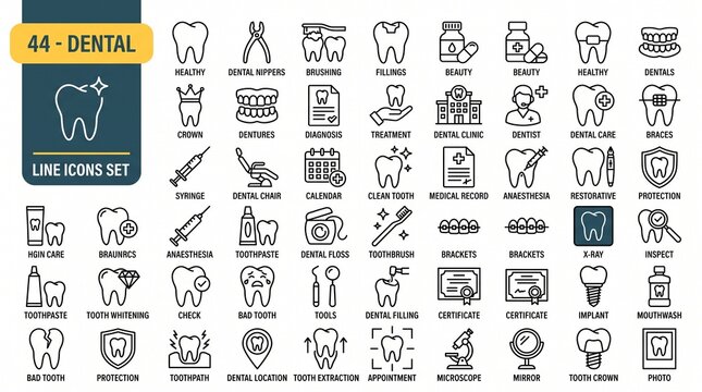 A collection of Dental icons set with editable stroke, including tooth, dentist, teeth, implant, dentistry, tooth paste, tooth brush, etc. Thin linear vector illustration.