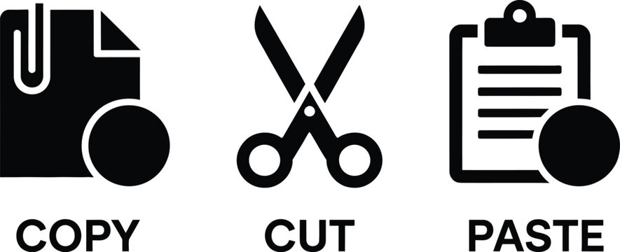 Copy, cut and paste icon set with minimalist document scissors and clipboard editing tools, black office interface vector illustration.