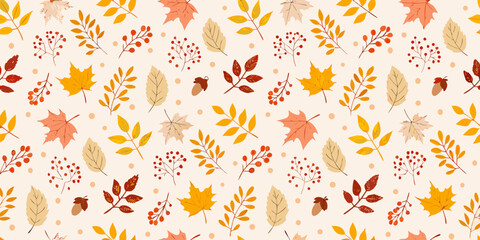 Autumn Leaves Seamless Pattern With Berries And Acorns © Mityunjoy