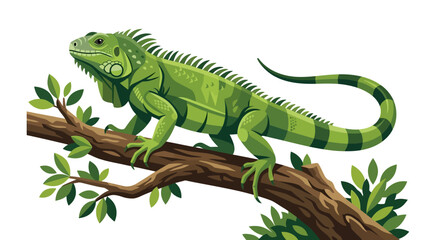 Fototapeta premium Green iguana lizard perched on a tree branch with leaves vector illustration isolated on white background