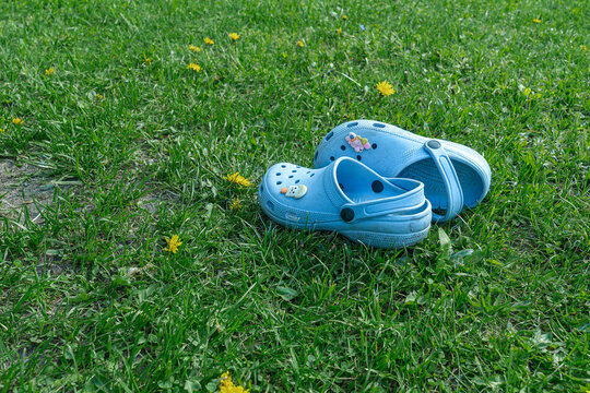 Blue rubber clogs with cute decorative charms layout on lush green grass field during bright summer day, high angle shot of casual kids footwear on lawn suitable for retail advertising