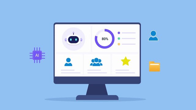 Modern flat vector animation of an AI user management dashboard on a desktop monitor with profile widgets, progress indicator, rating, and floating technology icons. Ideal for artificial intelligence 