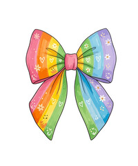 Fototapeta premium Rainbow hair bow illustration with floral patterns, colorful ribbon accessory with hearts and flowers, vibrant pride bow graphic on white background