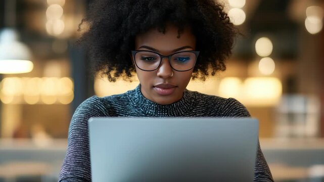 A woman using a laptop computer with intent focus, wearing glasses and sitting at a desk or table in a modern office or coworking space.
