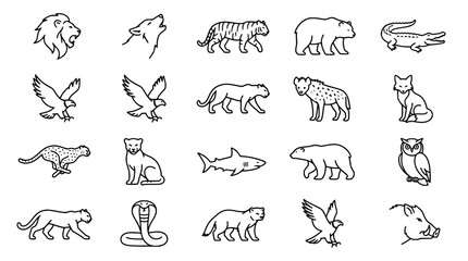 Fototapeta premium Diverse set of wild animal vector icons featuring various African creatures including lions crocodiles and snakes rendered in a clean minimalist line art style for web design on transparent background