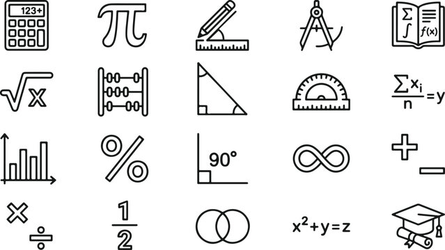 Mathematics education icons set with geometry and algebra symbols