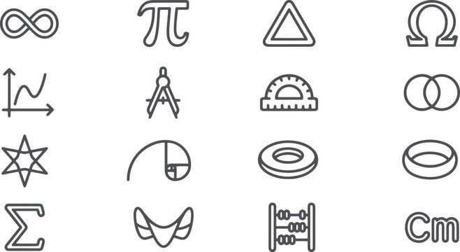 Mathematical symbols and geometric shapes line icons set for education and science