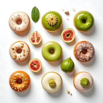 Assorted colorful donuts with fresh figs and leaves.
