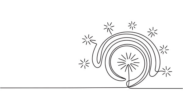 Continuous single line of a large firework explosion with circular light trails and small sparks, minimalist black and white on a white background, isolated