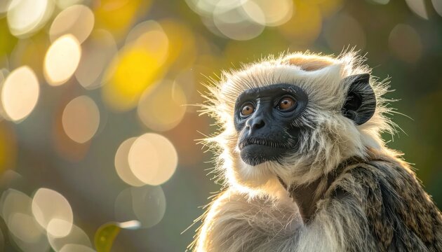Close-up Portrait of a Gray Langur Monkey in Soft Sunlight.