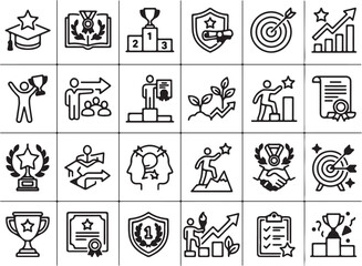 Fototapeta premium Collection of modern success and achievement vector line icons representing business growth, education, and recognition symbols