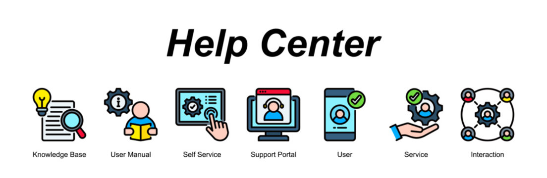 Help Center web banner icon vector illustration concept for with icon of Knowledge Base, User Manual, Self Service, Support Portal, User, S.